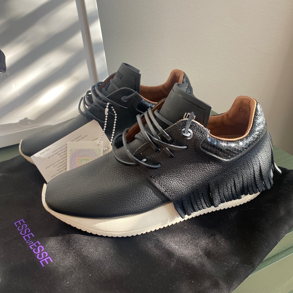 Never Worn Esseutesse Leather Fringe Sneaker - Black